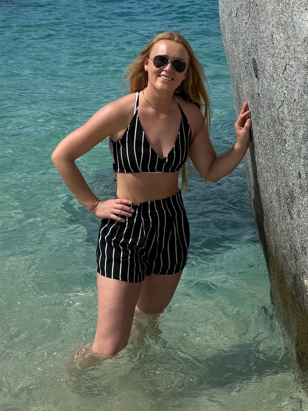 Women’s Black & White Striped Two-Piece Swim Set